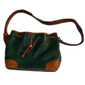 Leather Co Liz Claiborne VINTAGE Bucket Bag Green Tan Saddle Pebble Leather‎
